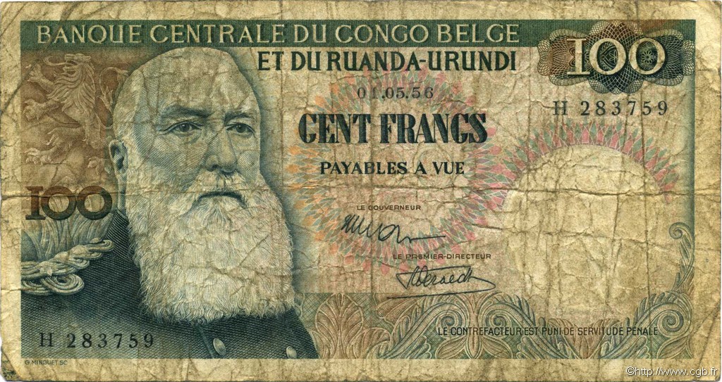 100 Francs BELGIAN CONGO  1956 P.33a P