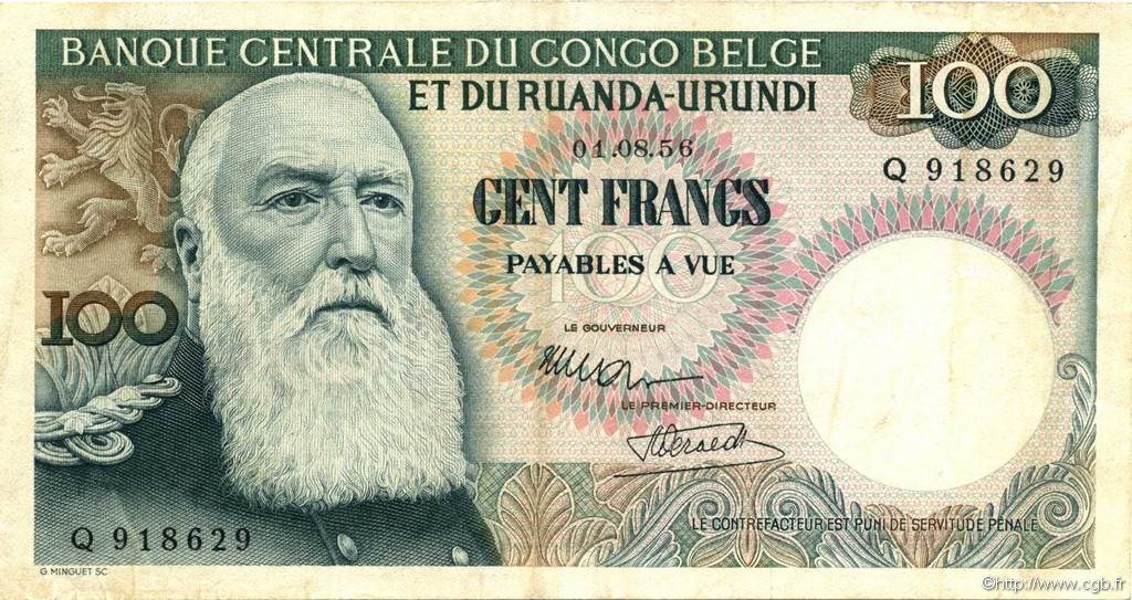 100 Francs BELGIAN CONGO  1956 P.33a VF+