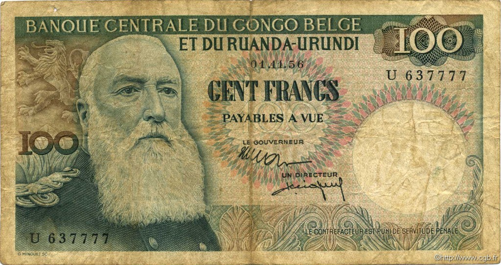 100 Francs BELGIAN CONGO  1956 P.33b F-
