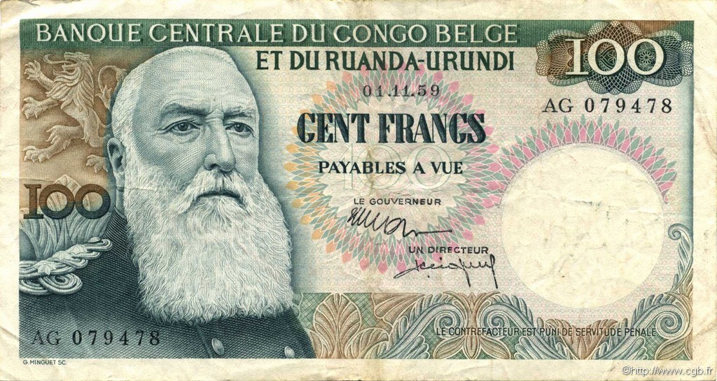 100 Francs BELGIAN CONGO  1959 P.33b VF