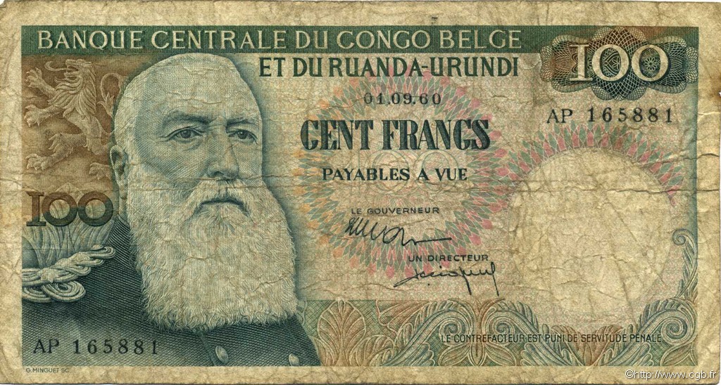 100 Francs BELGIAN CONGO  1960 P.33c G