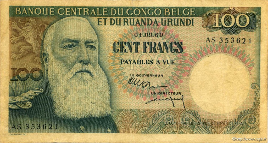 100 Francs BELGA CONGO  1960 P.33c BC+