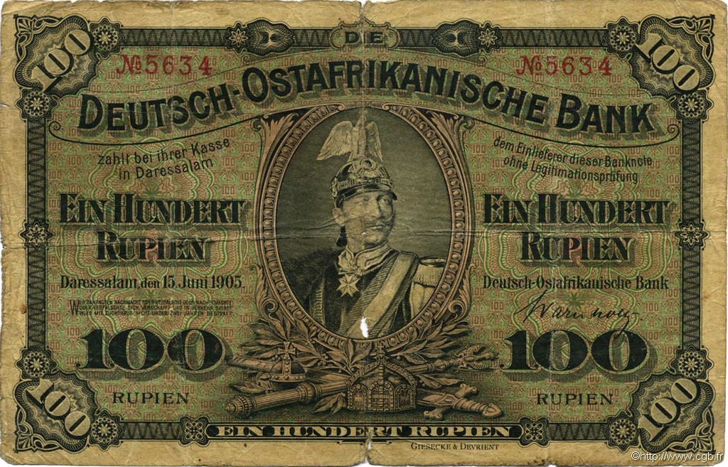 100 Rupien GERMAN EAST AFRICA  1905 P.04 VG