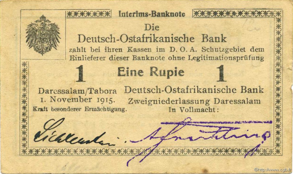 1 Rupie Deutsch Ostafrikanische Bank  1915 P.09Ab SS