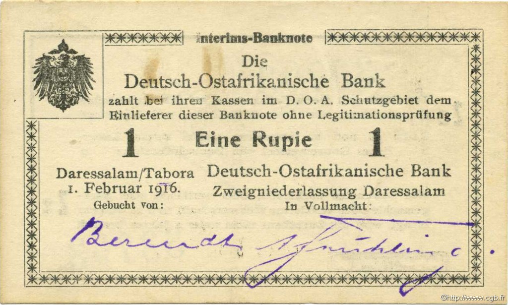 1 Rupie Deutsch Ostafrikanische Bank  1916 P.19 VZ