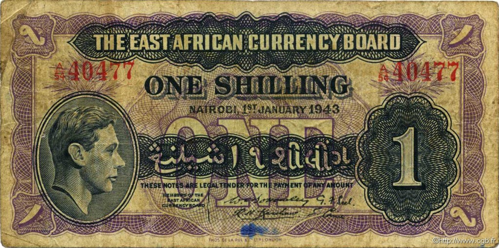 1 Shilling EAST AFRICA  1943 P.27 F