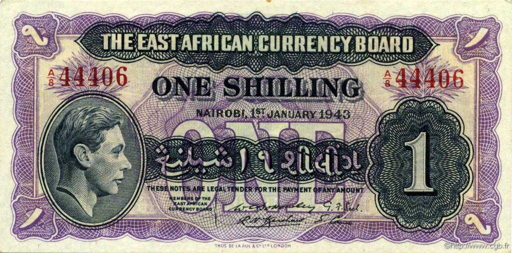 1 Shilling EAST AFRICA  1943 P.27 XF+
