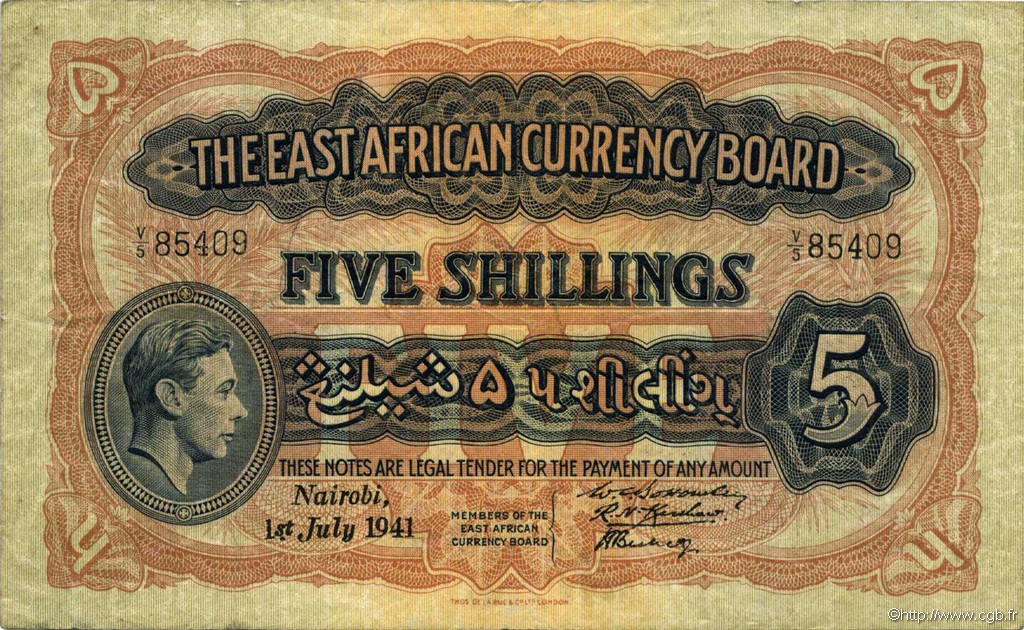 5 Shillings EAST AFRICA (BRITISH)  1941 P.28a VF-