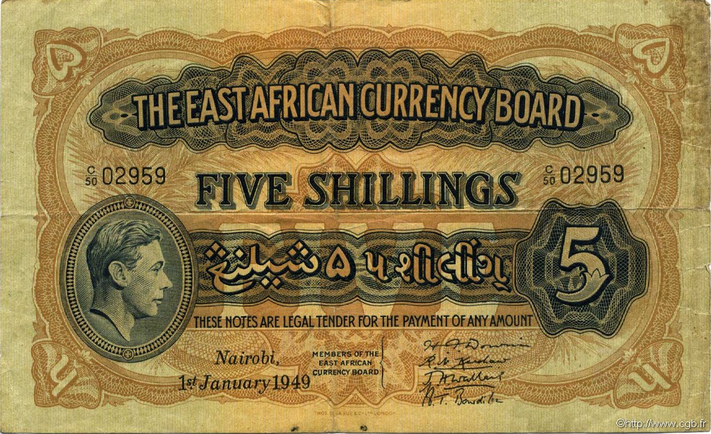5 Shillings AFRICA DI L EST BRITANNICA   1949 P.28b BB