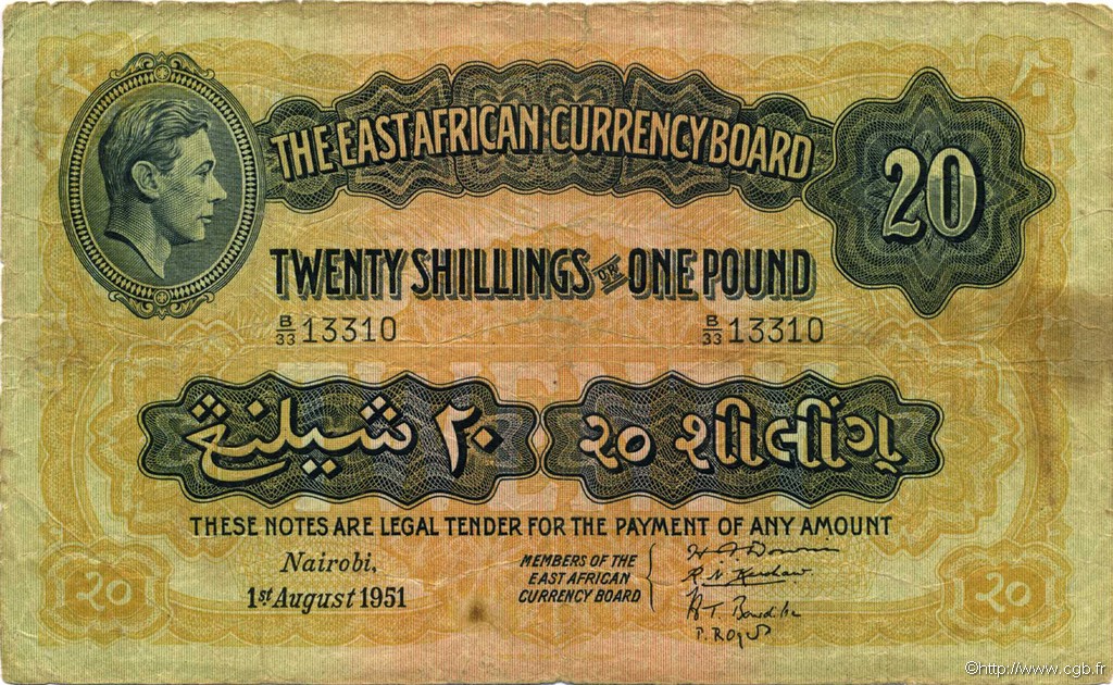 20 Shillings - 1 Pound AFRICA DI L EST BRITANNICA   1951 P.30b MB