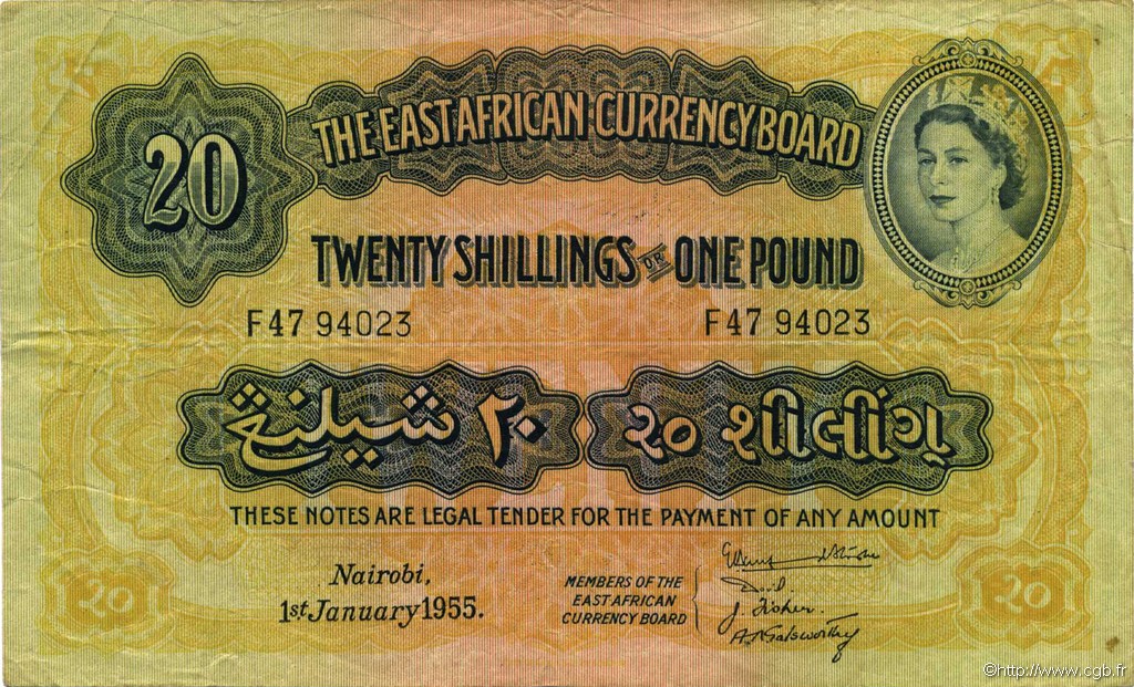20 Shillings - 1 Pound ÁFRICA ORIENTAL BRITÁNICA  1955 P.35 BC+