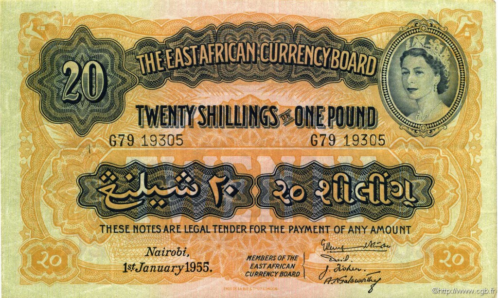 20 Shillings - 1 Pound BRITISCH-OSTAFRIKA  1955 P.35 VZ