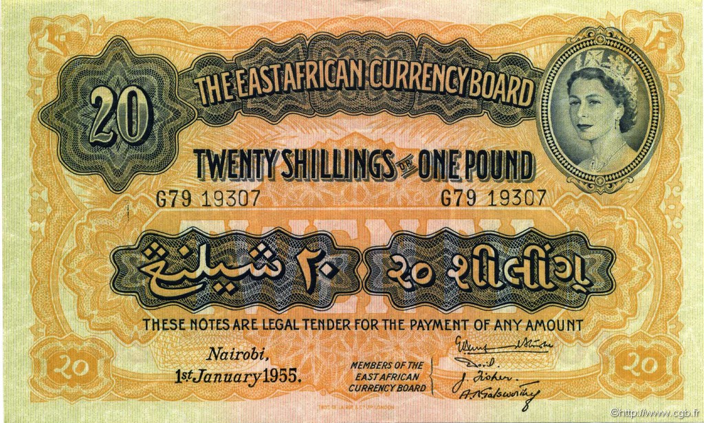 20 Shillings - 1 Pound AFRICA DI L EST BRITANNICA   1955 P.35 AU