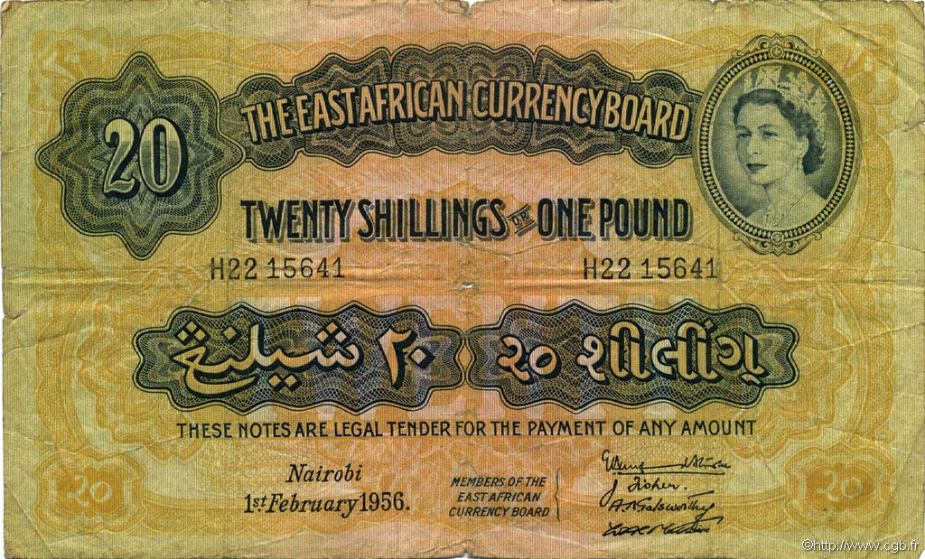 20 Shillings - 1 Pound AFRICA DI L EST BRITANNICA   1956 P.35 q.MB