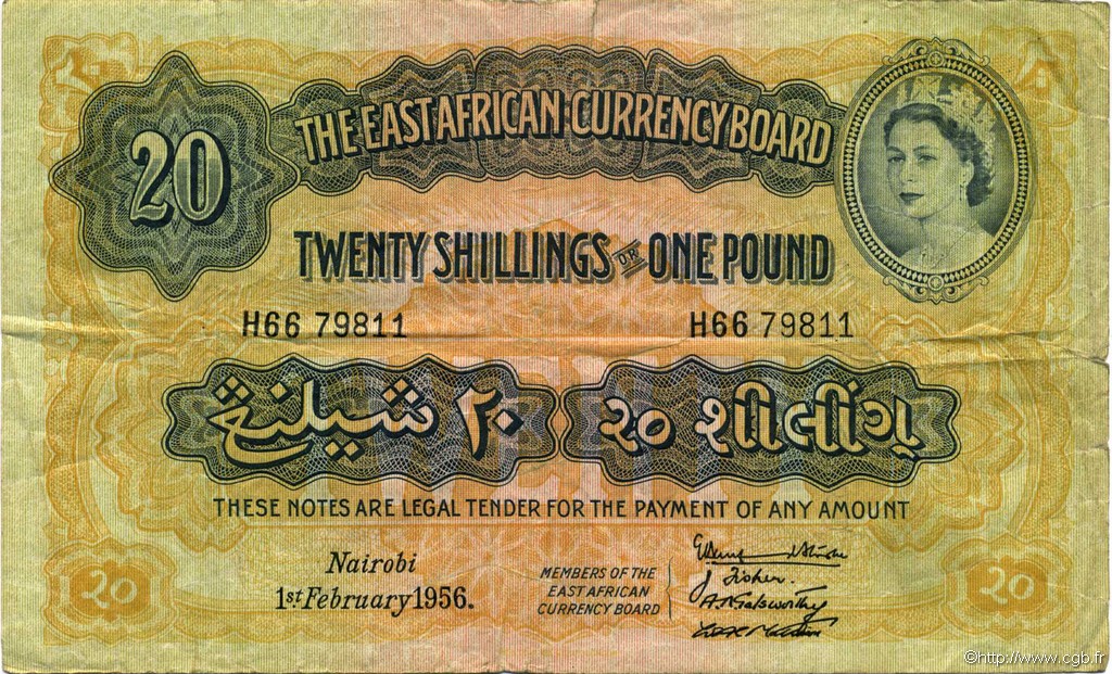 20 Shillings - 1 Pound AFRICA DI L EST BRITANNICA   1956 P.35 q.BB