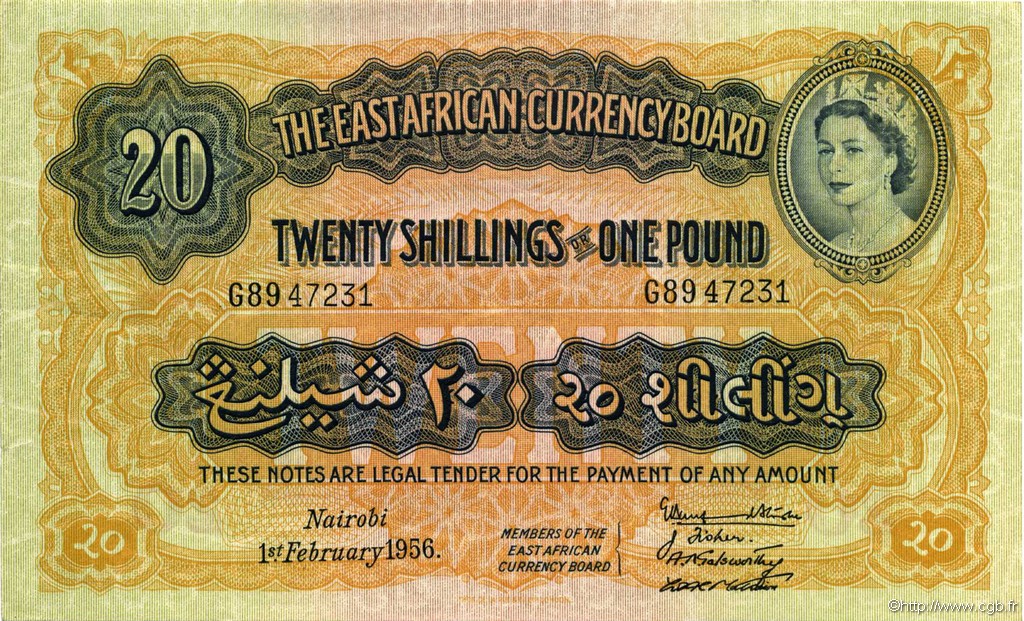 20 Shillings - 1 Pound EAST AFRICA (BRITISH)  1956 P.35 AU