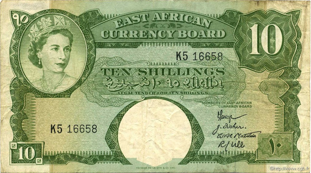 10 Shillings ÁFRICA ORIENTAL BRITÁNICA  1958 P.38 MBC