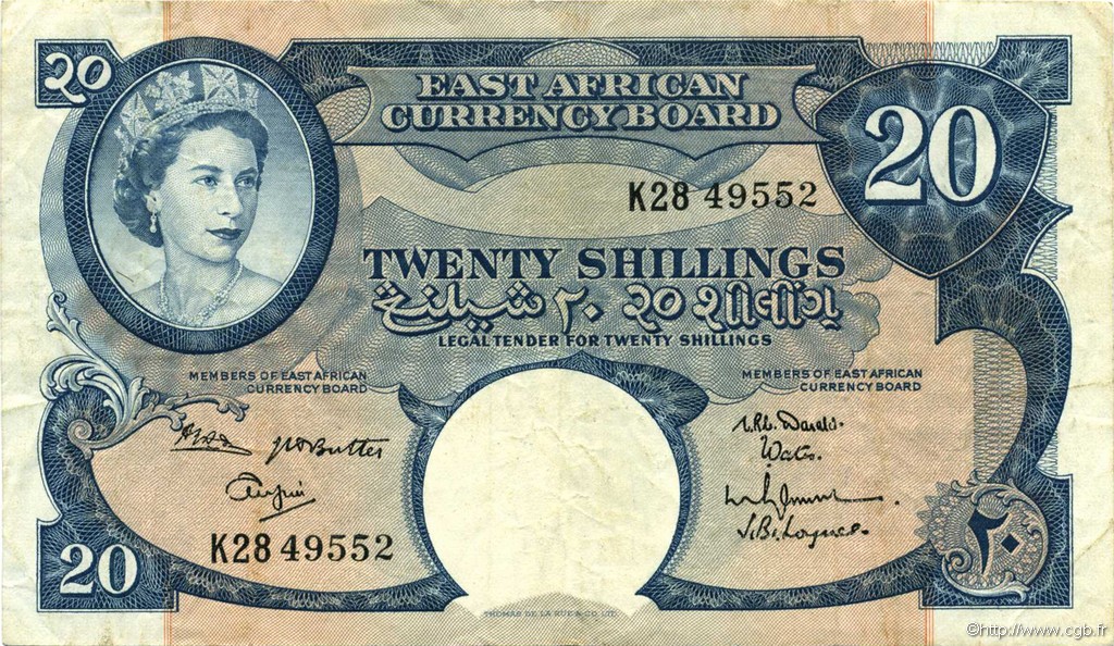 20 Shillings AFRIQUE DE L EST  1962 P.43b pr.TTB