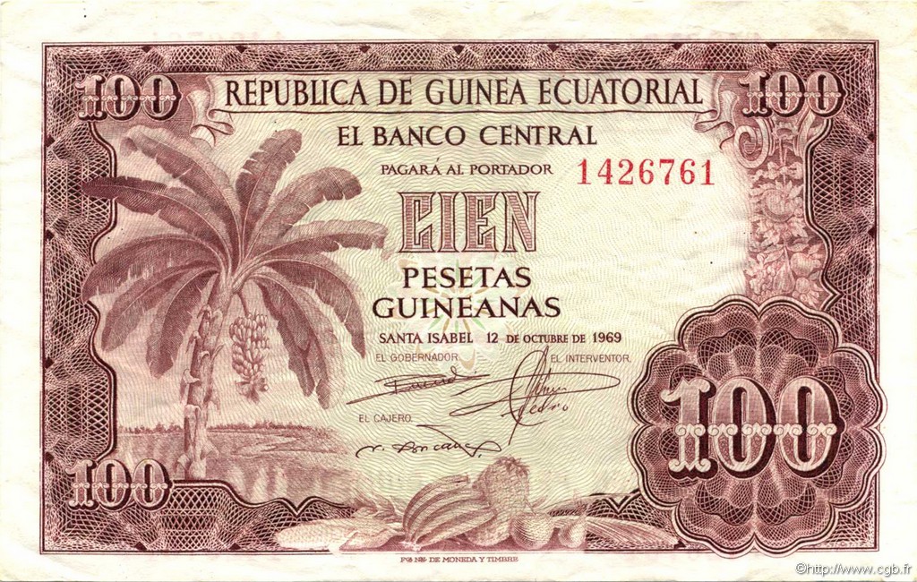 100 Pesetas Guineanas EQUATORIAL GUINEA  1969 P.01 VF+