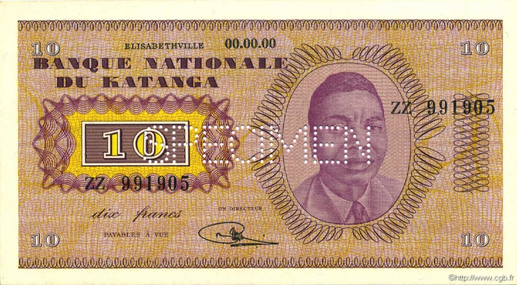 10 Francs Spécimen KATANGA  1960 P.05s FDC