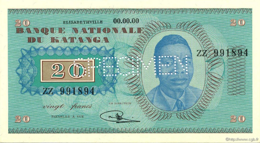 20 Francs Spécimen KATANGA  1960 P.06as FDC
