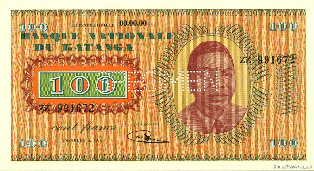100 Francs Spécimen KATANGA  1960 P.08s NEUF