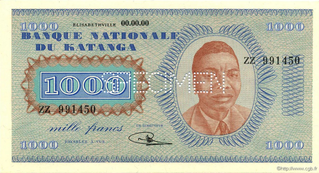 1000 Francs Spécimen KATANGA  1960 P.10s UNC-