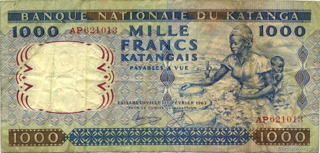 1000 Francs KATANGA  1962 P.14a fSS