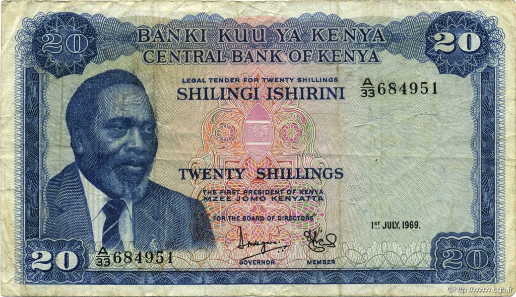 20 Shillings KENYA  1969 P.08a q.BB
