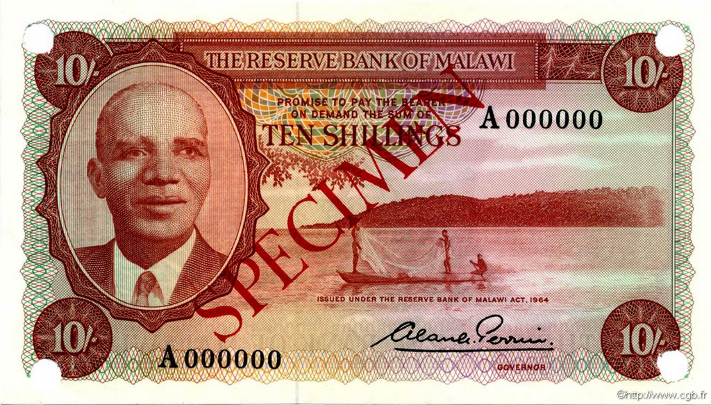 10 Shillings Spécimen MALAWI  1964 P.02s SC+
