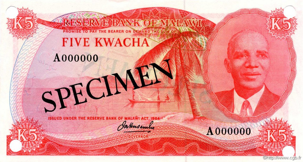 5 Kwacha Spécimen MALAWI  1973 P.11s UNC
