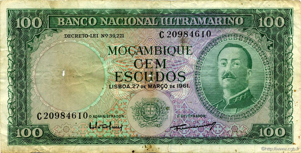 100 Escudos MOZAMBIQUE  1961 P.109b B+