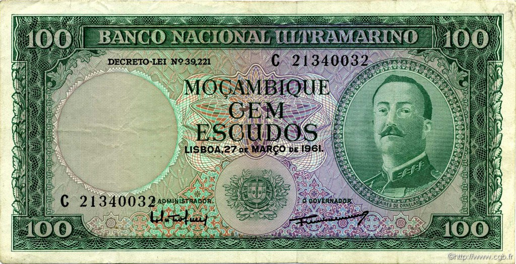 100 Escudos MOZAMBICO  1961 P.109b BB