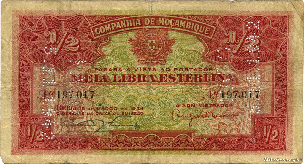 1/2 Libra MOZAMBIQUE Beira 1934 P.R30a BC