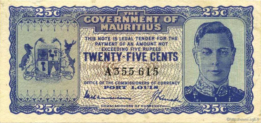 25 cents MAURITIUS  1940 P.24a XF