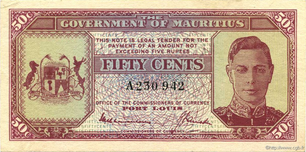 50 cents MAURITIUS  1940 P.25a XF+