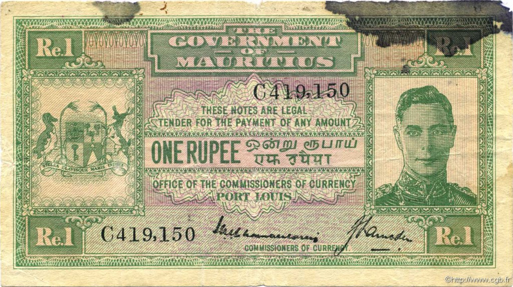 1 Rupee MAURITIUS  1940 P.26 RC+