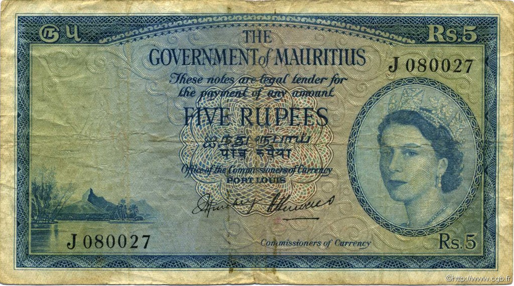 5 Rupees ISOLE MAURIZIE  1954 P.27 MB
