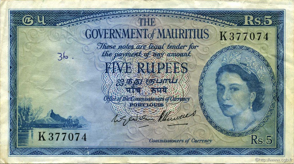 5 Rupees MAURITIUS  1954 P.27 fVZ
