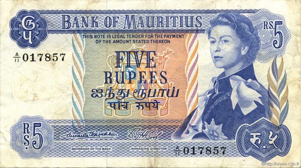 5 Rupees MAURITIUS  1967 P.30a VF