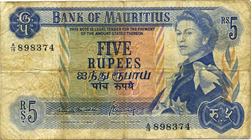 5 Rupees MAURITIUS  1967 P.30b VG