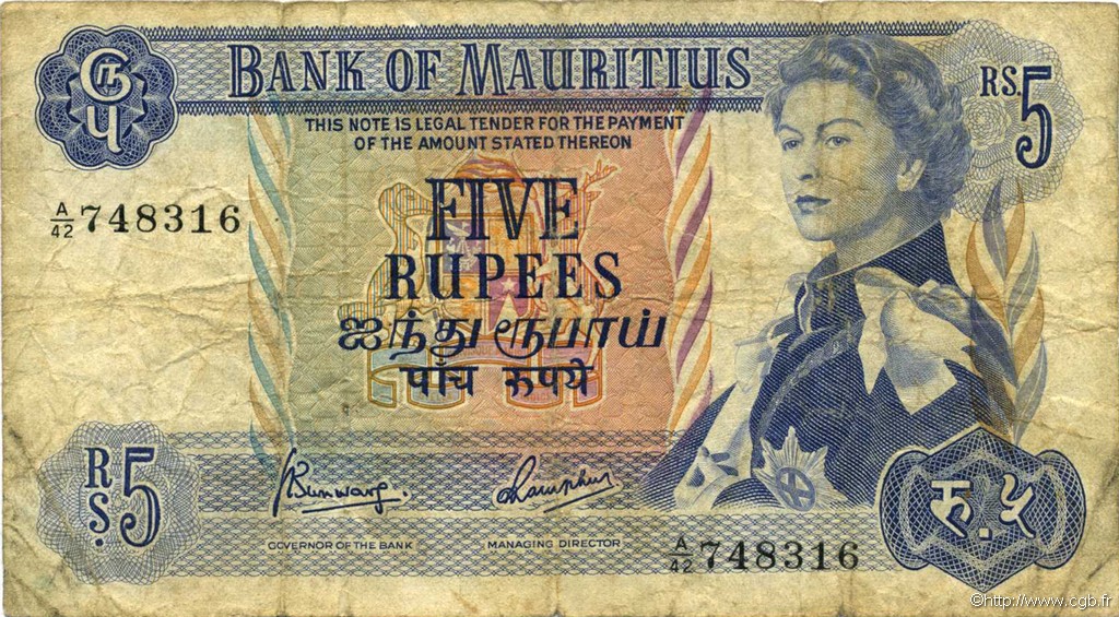 5 Rupees MAURITIUS  1967 P.30c SGE