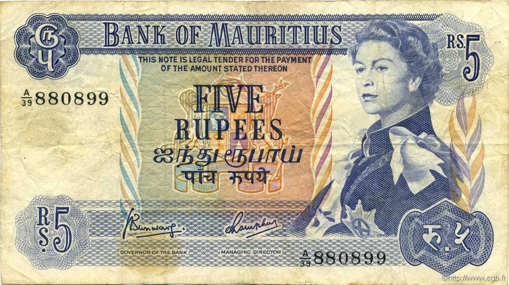 5 Rupees MAURITIUS  1967 P.30c fSS