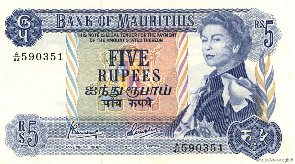 5 Rupees MAURITIUS  1967 P.30c SC+