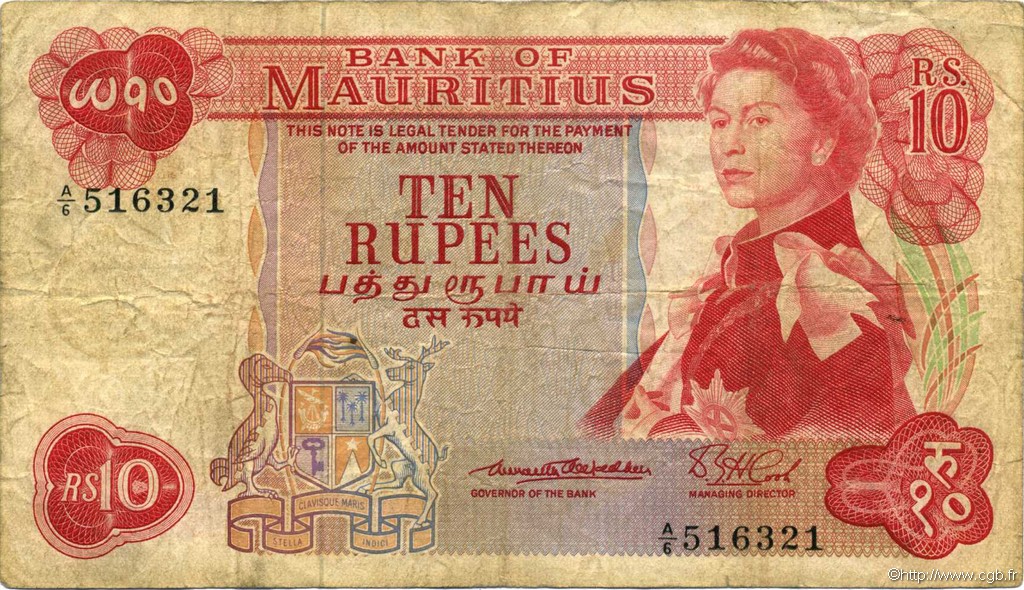 10 Rupees MAURITIUS  1967 P.31c fS