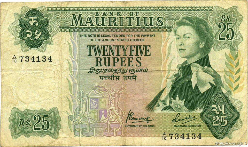 25 Rupees MAURITIUS  1967 P.32b fSS