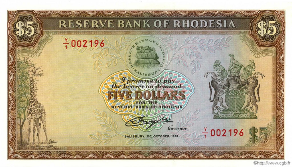 5 Dollars RHODESIA  1978 P.32b FDC