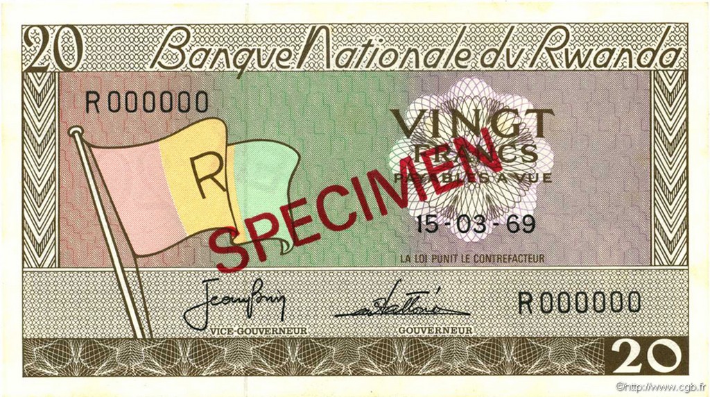 20 Francs Spécimen RUANDA  1969 P.06s1 FDC
