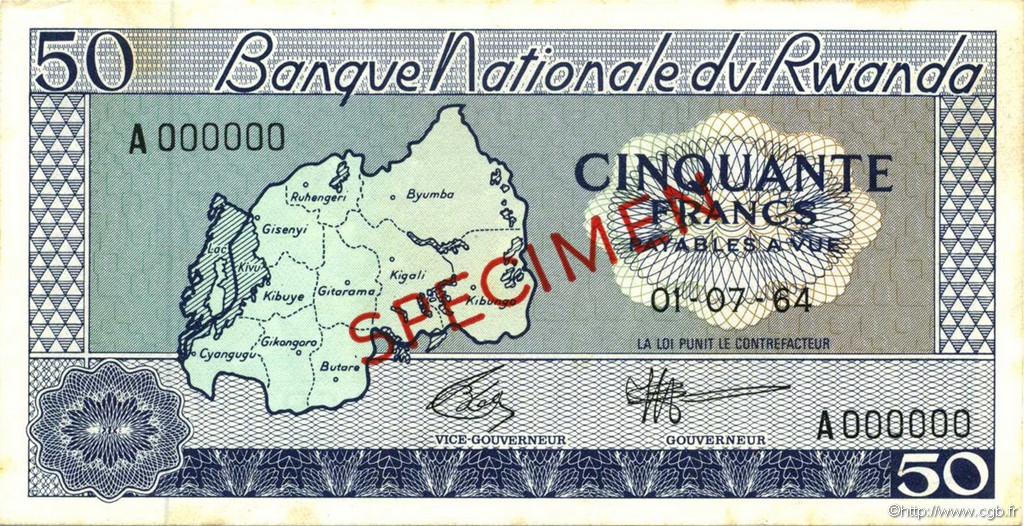 50 Francs Spécimen RUANDA  1964 P.07s1 VZ