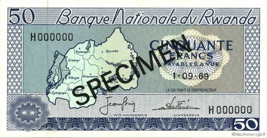 50 Francs Spécimen RUANDA  1969 P.07s1 q.FDC
